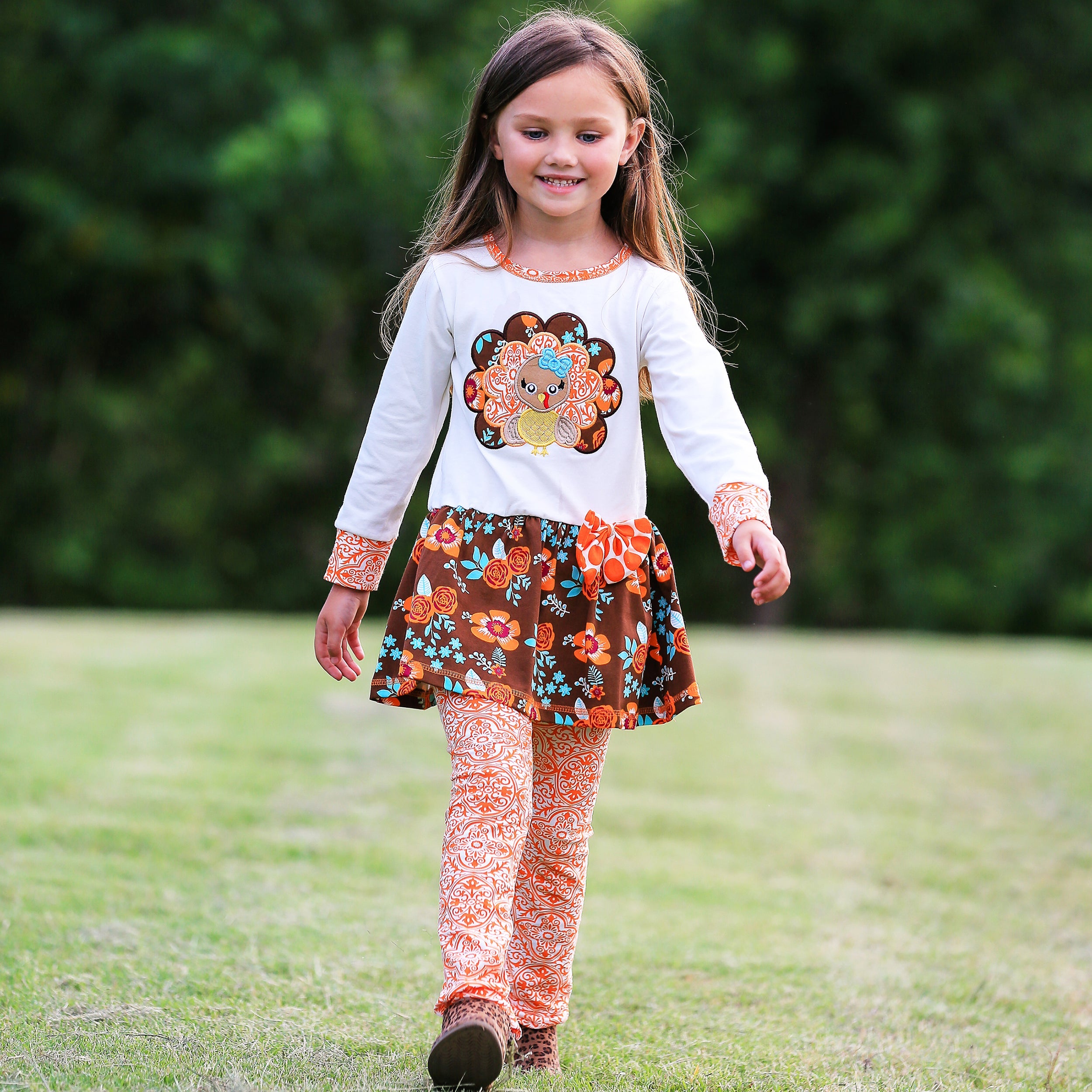 Big Little Girls Autumn Floral Turkey Tunic & Leggings Holiday Clothes