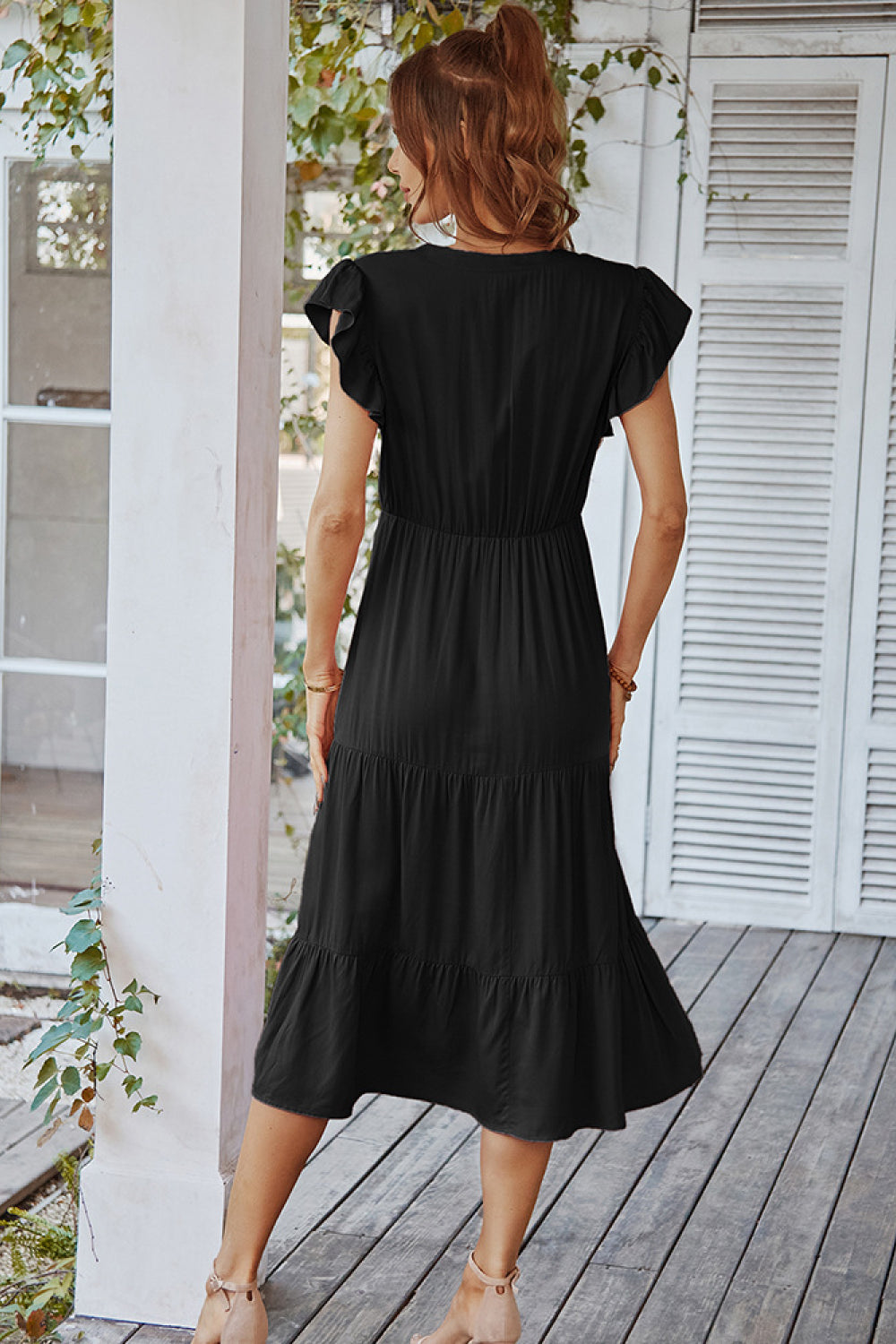 Flutter Sleeve Tiered Midi Dress