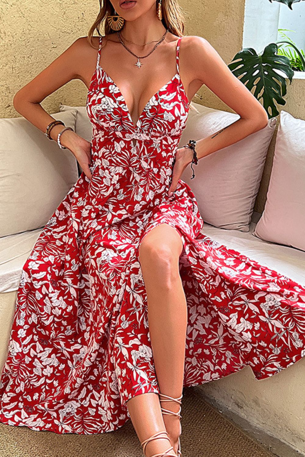 Floral Deep V Tie Back Slit Dress