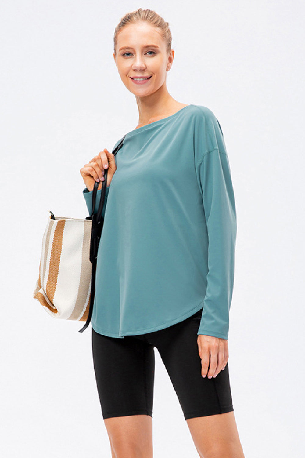 Exposed Seam Boat Neck Long Sleeve Yoga Tee