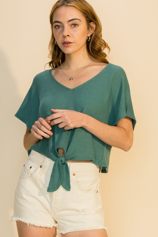 V-neck Tie Front Dolman Short Sleeve Top - 99fab 