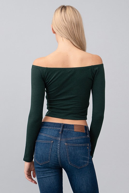 Zipper Front Off Shoulder Long Sleeve Crop Top