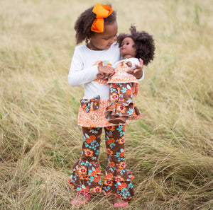 Girls Orange Pumpkin Autumn Floral Thanksgiving Tunic & Ruffle Pants Outfit