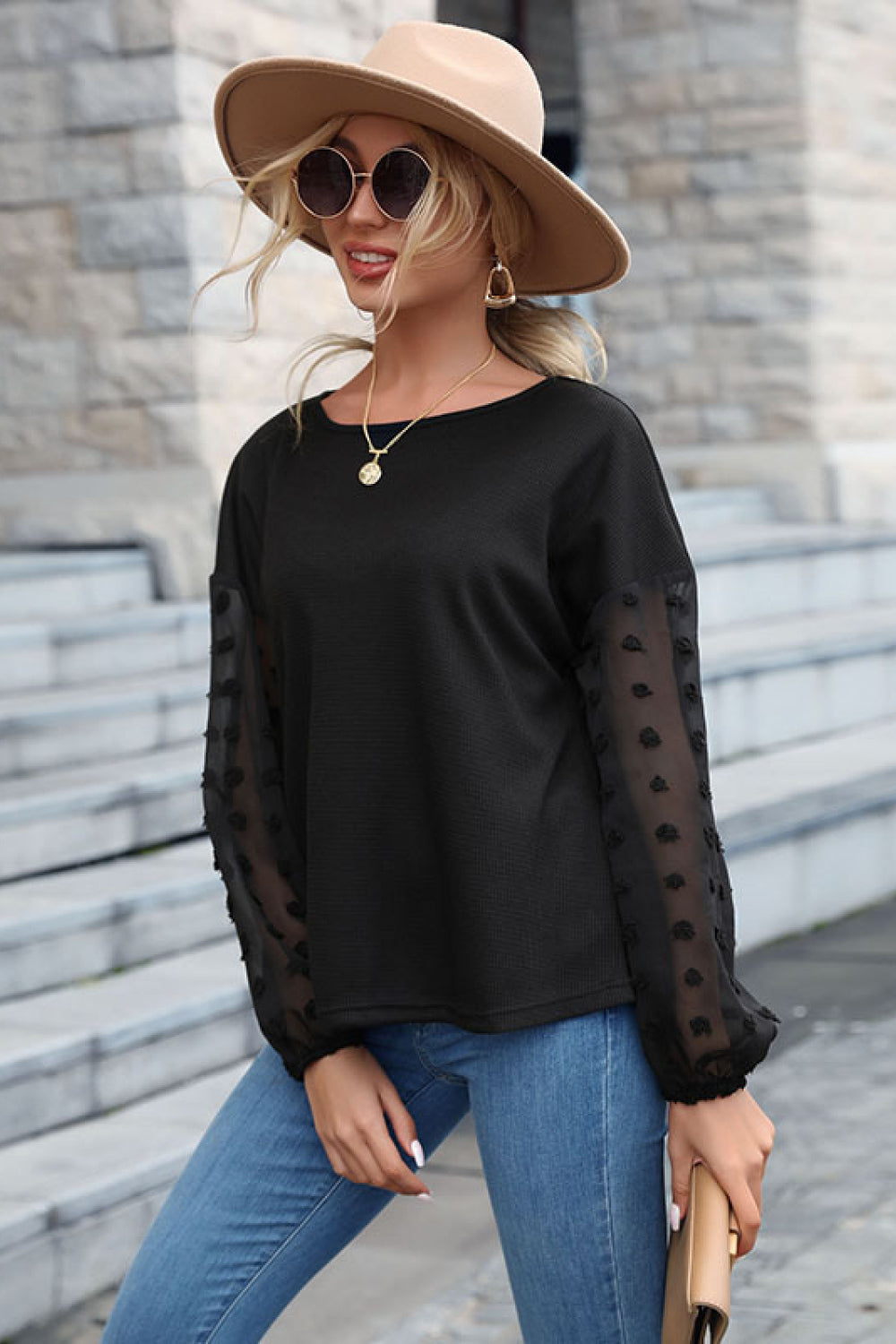 Swiss Dot Mesh Balloon Sleeve Blouse - 99fab 