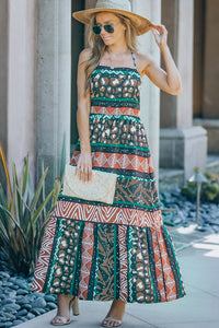 Mixed Print Halter Neck Maxi Dress