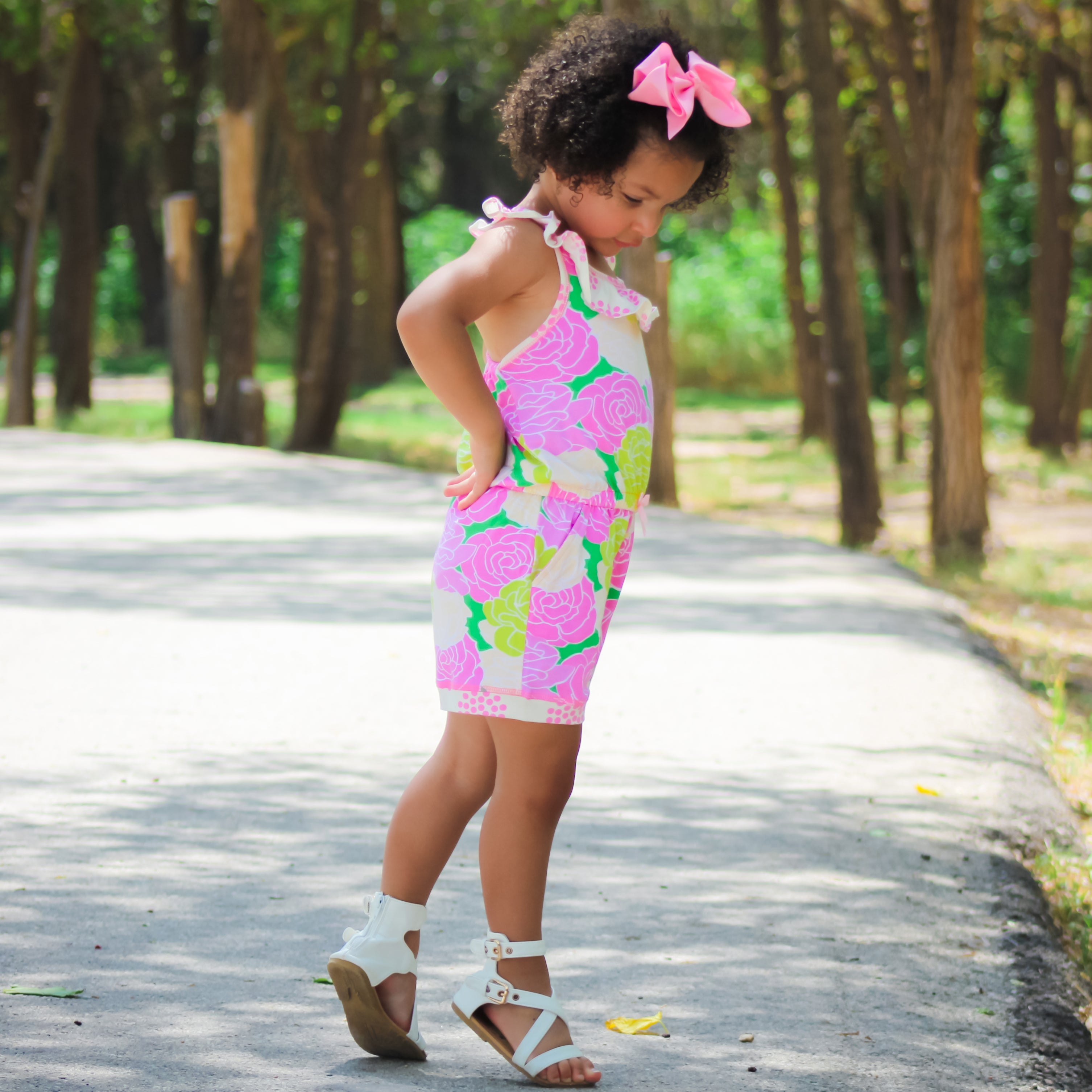 Big Little Girls Pink Bloom Floral Polka Dots Shorts Jumpsuit Summer One Piece Outfit