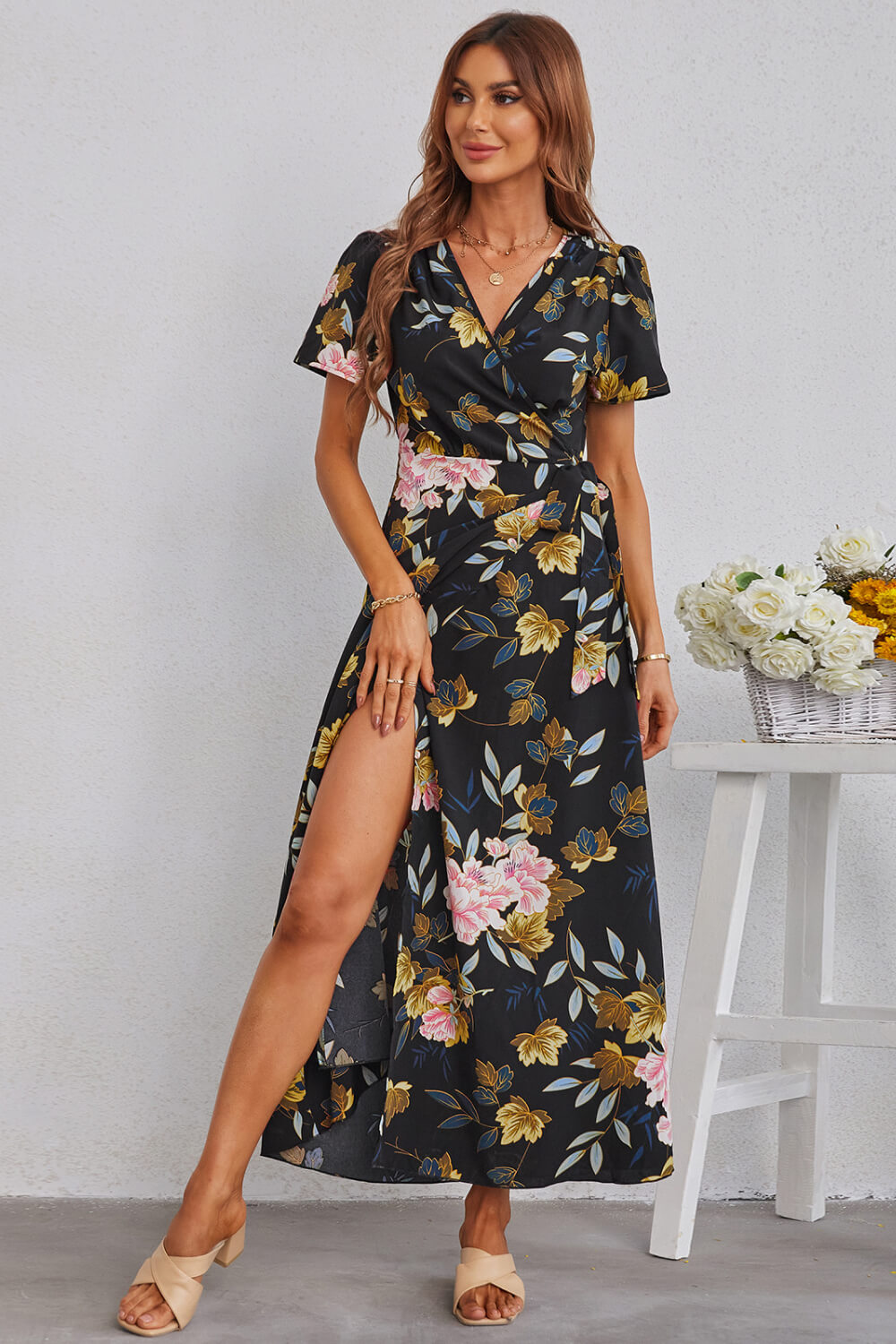 Floral Split Short Sleeve Maxi Dress - 99fab 