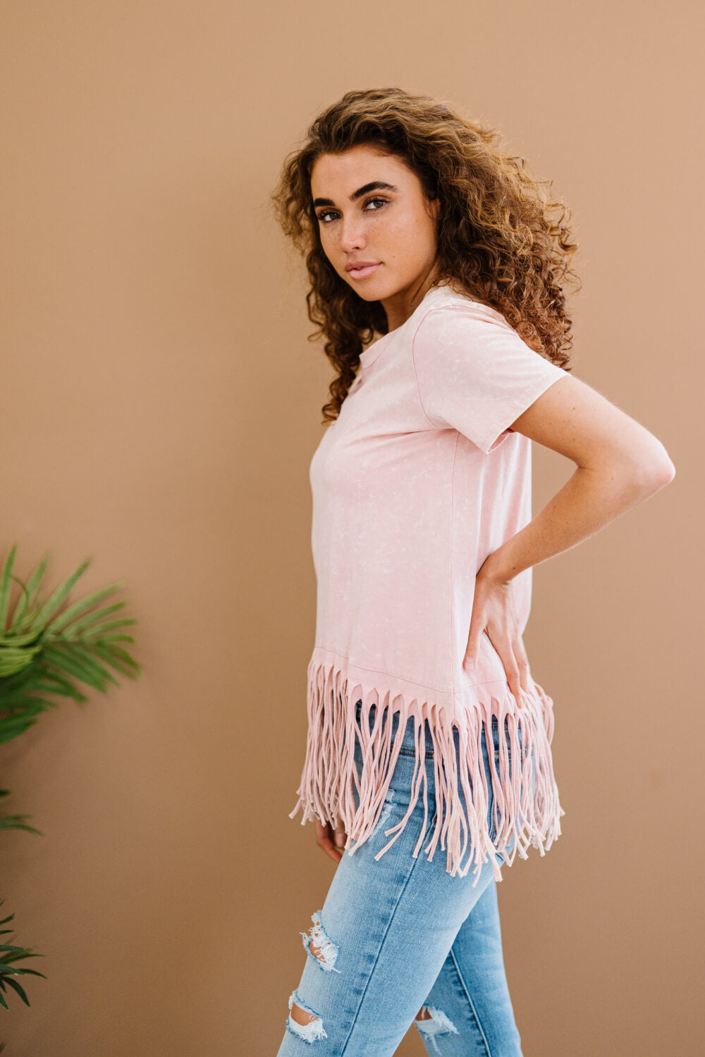 BiBi Empowering Expression Mineral Wash Fringe Detail Tee