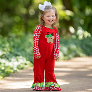 Baby Girls Boutique Red Green Christmas Tree Rudolph Reindeer Holiday Romper sz 6M-24M