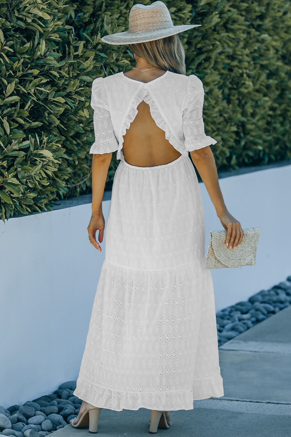 Eyelet Front Slit Puff Sleeve Maxi Dress - 99fab 