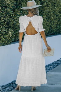 Eyelet Front Slit Puff Sleeve Maxi Dress