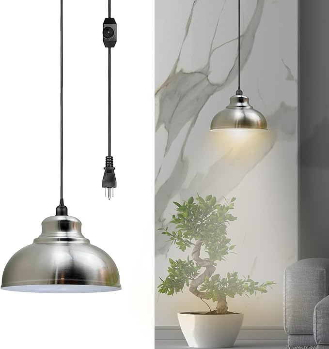 Plug-in Pendant Light with 4m Fabric Cable - Modern Curved Shade~1742-1