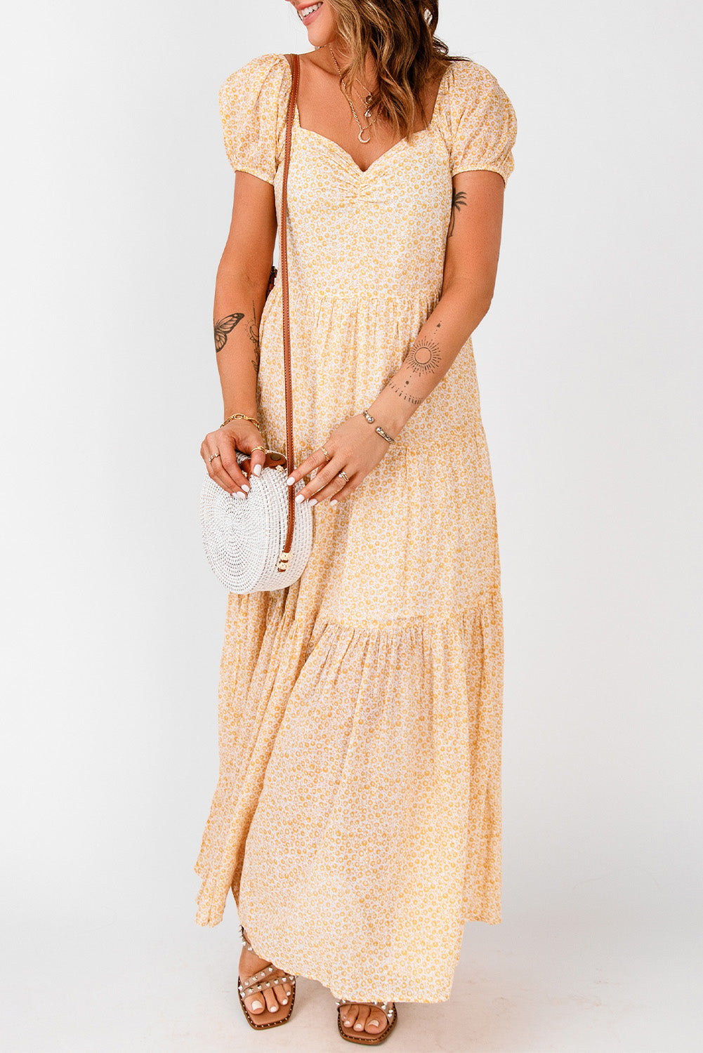 Printed Puff Sleeve Tiered Maxi Dress