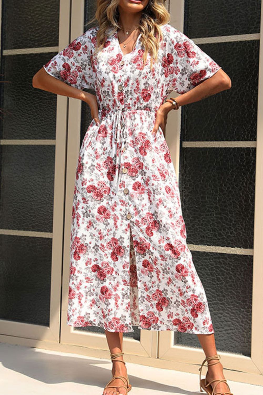 Floral Front Slit Drawstring Waist Midi Dress - 99fab 