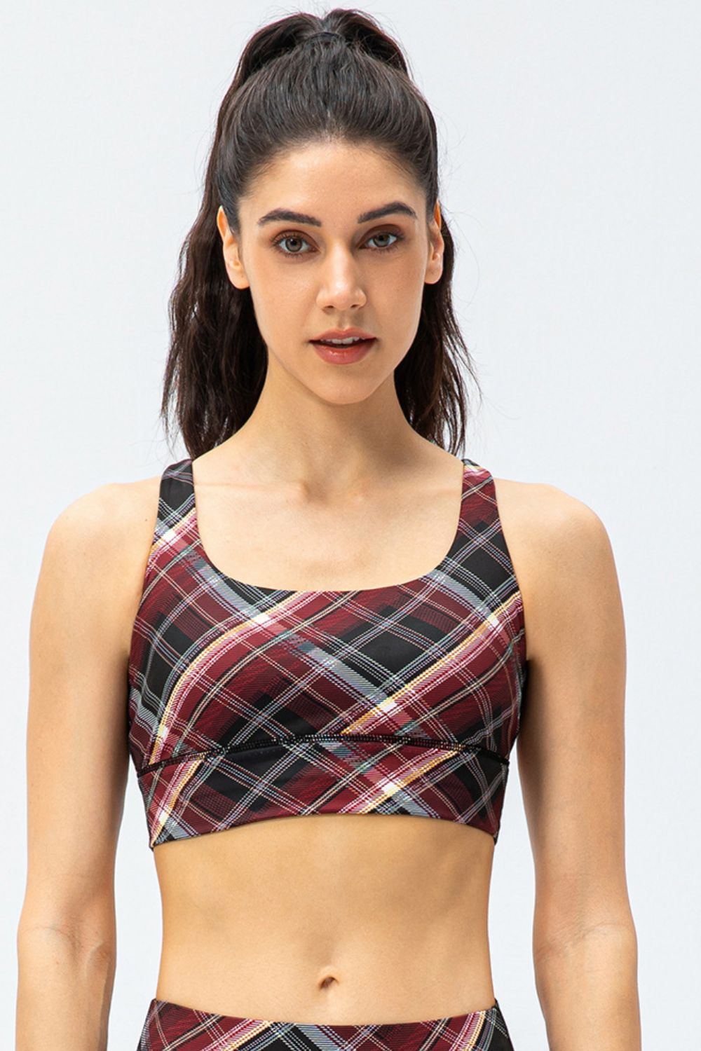 Plaid Double Crisscross Strap Sports Bra