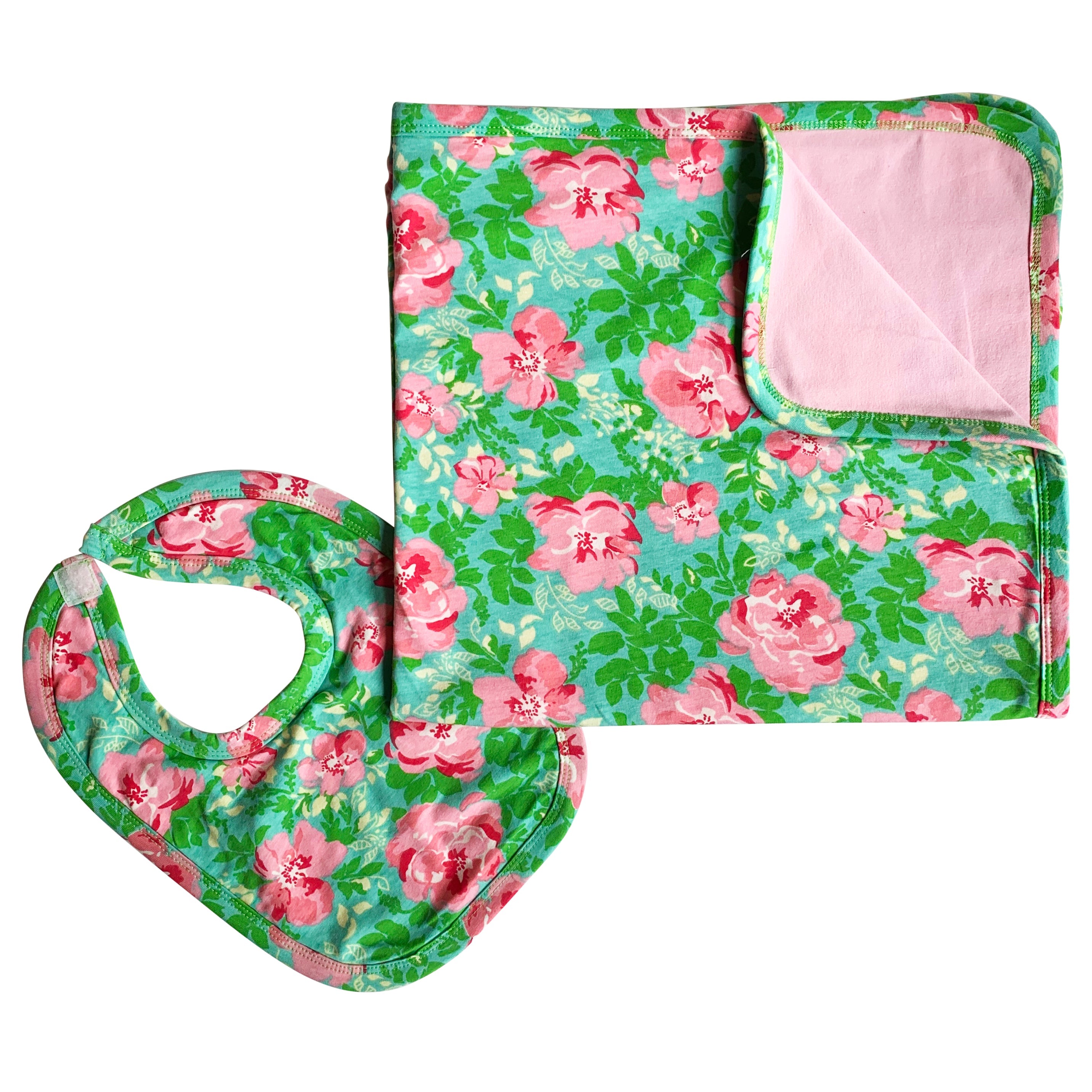 Baby Toddler Girls Floral Blanket & Bib Gift Set 2 pc Knit Cotton