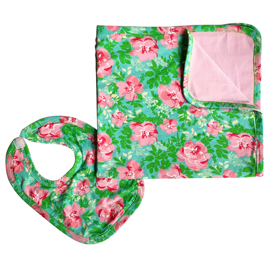 Baby Toddler Girls Floral Blanket & Bib Gift Set 2 pc Knit Cotton - 99fab 