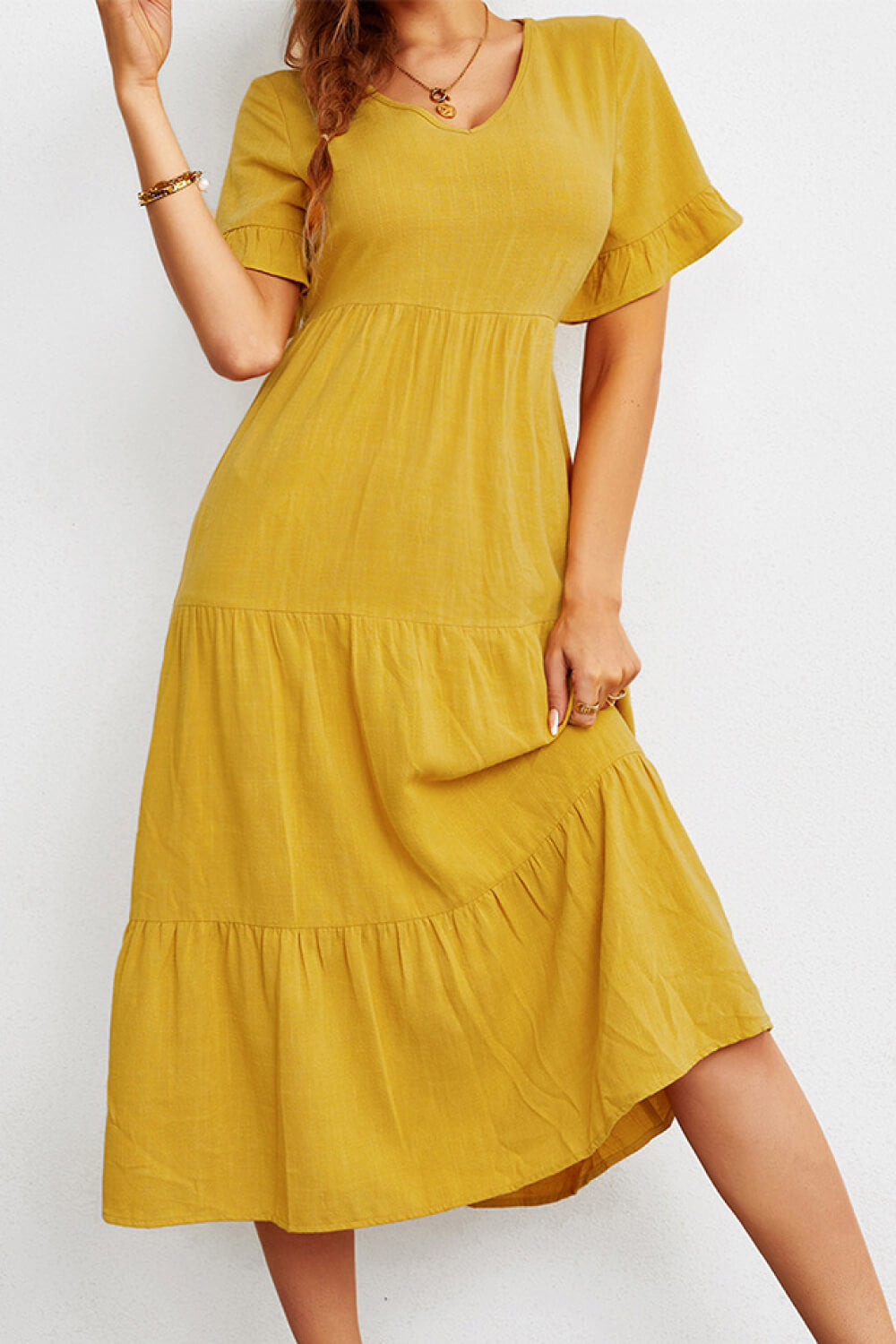 Short Sleeve V-Neck Tiered  Dress - 99fab 