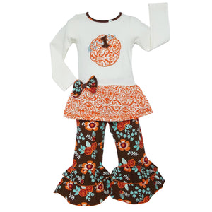 Girls Orange Pumpkin Autumn Floral Thanksgiving Tunic & Ruffle Pants Outfit