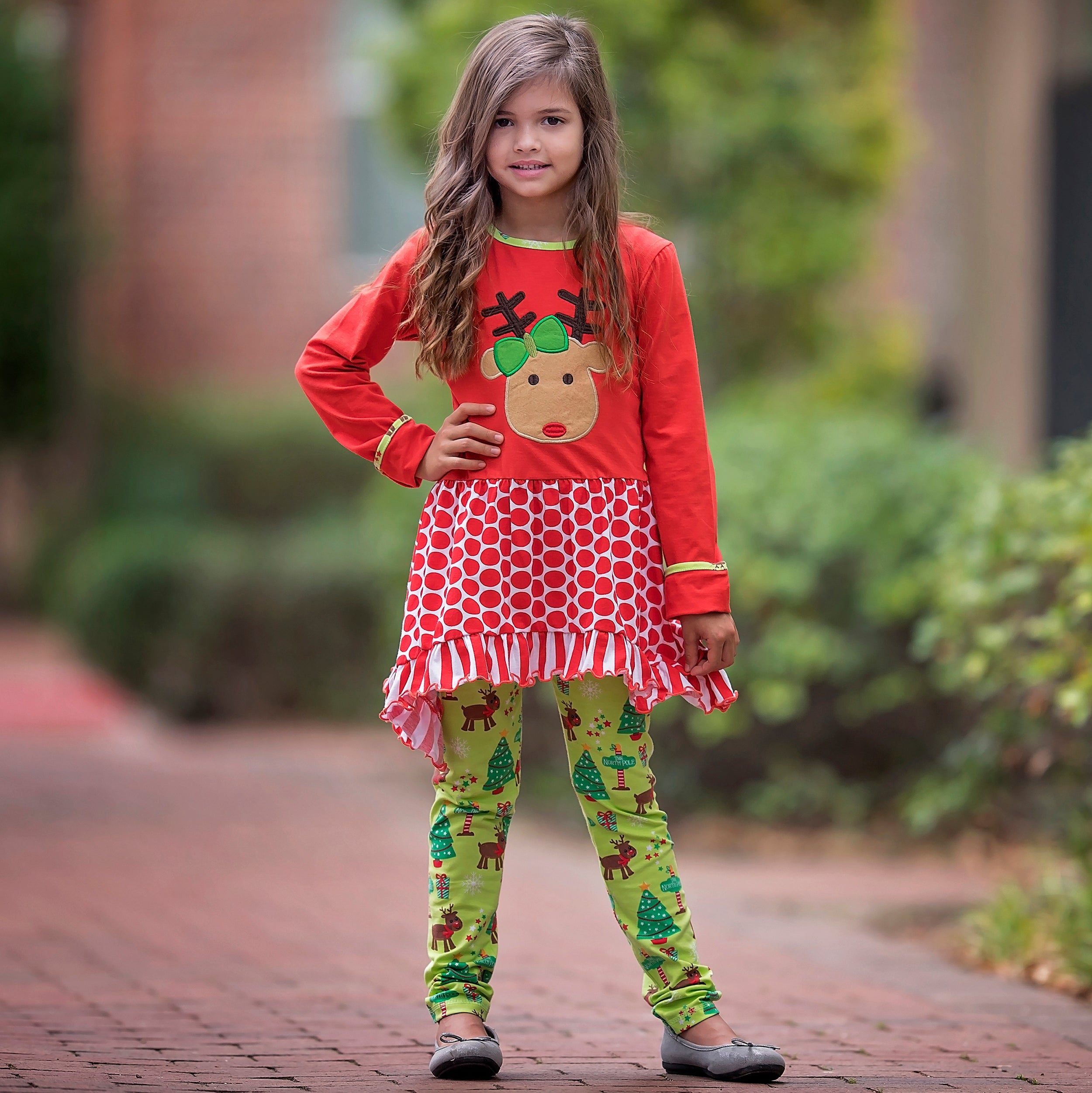 Girls Christmas Reindeer Tunic and Holiday Legging Set