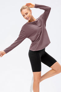 Exposed Seam Boat Neck Long Sleeve Yoga Tee