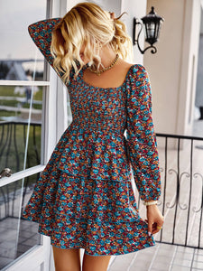 Ditsy Floral Smocked Square Neck Layered Mini Dress