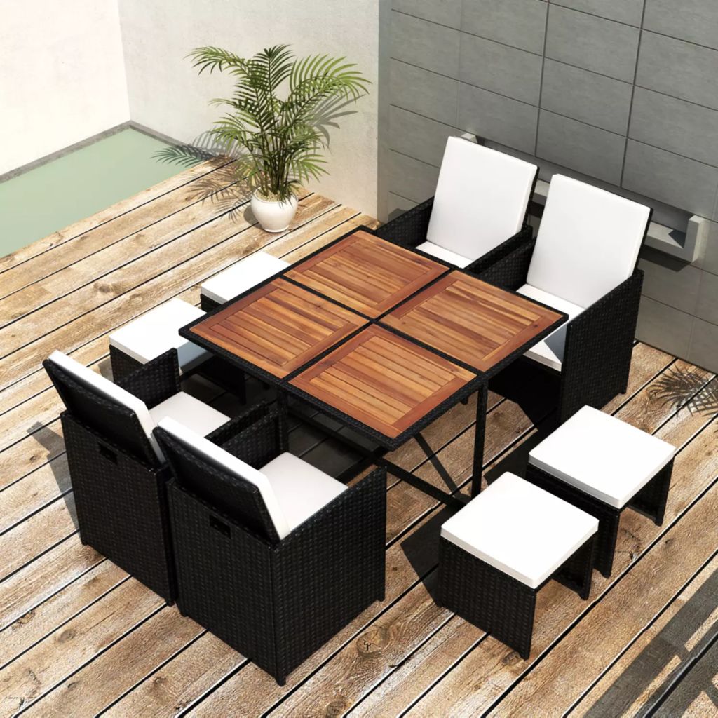 Solid Acacia Wood Outdoor Dining Set 5/9/11/13 Pieces Poly Rattan Seat