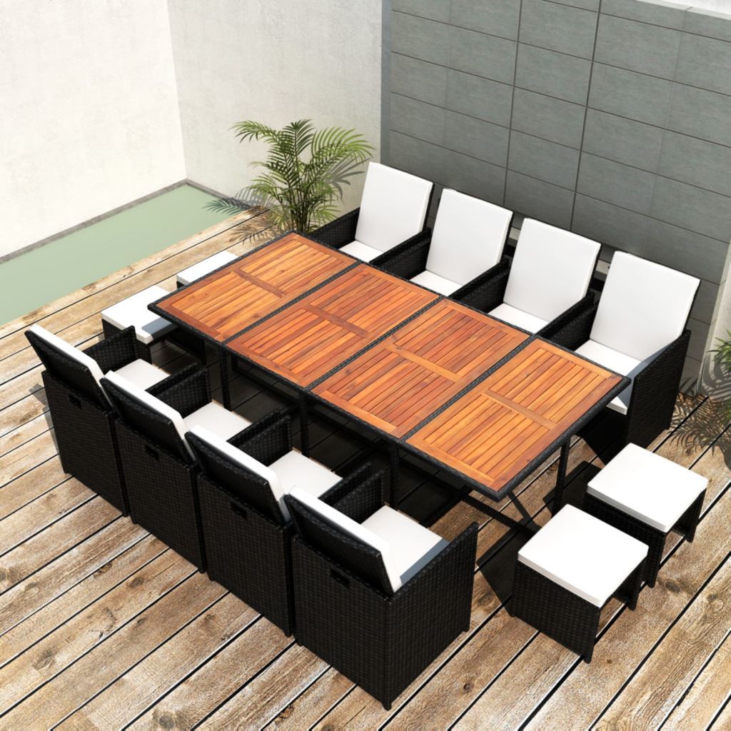 Solid Acacia Wood Outdoor Dining Set 5/9/11/13 Pieces Poly Rattan Seat