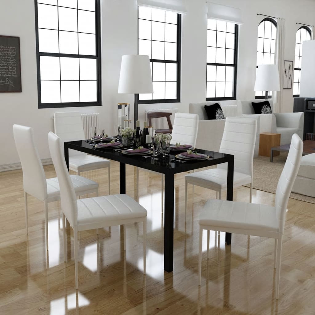 vidaXL 5/7 Piece Black White Dining Set Glass Table Artificial Leather Chairs-4