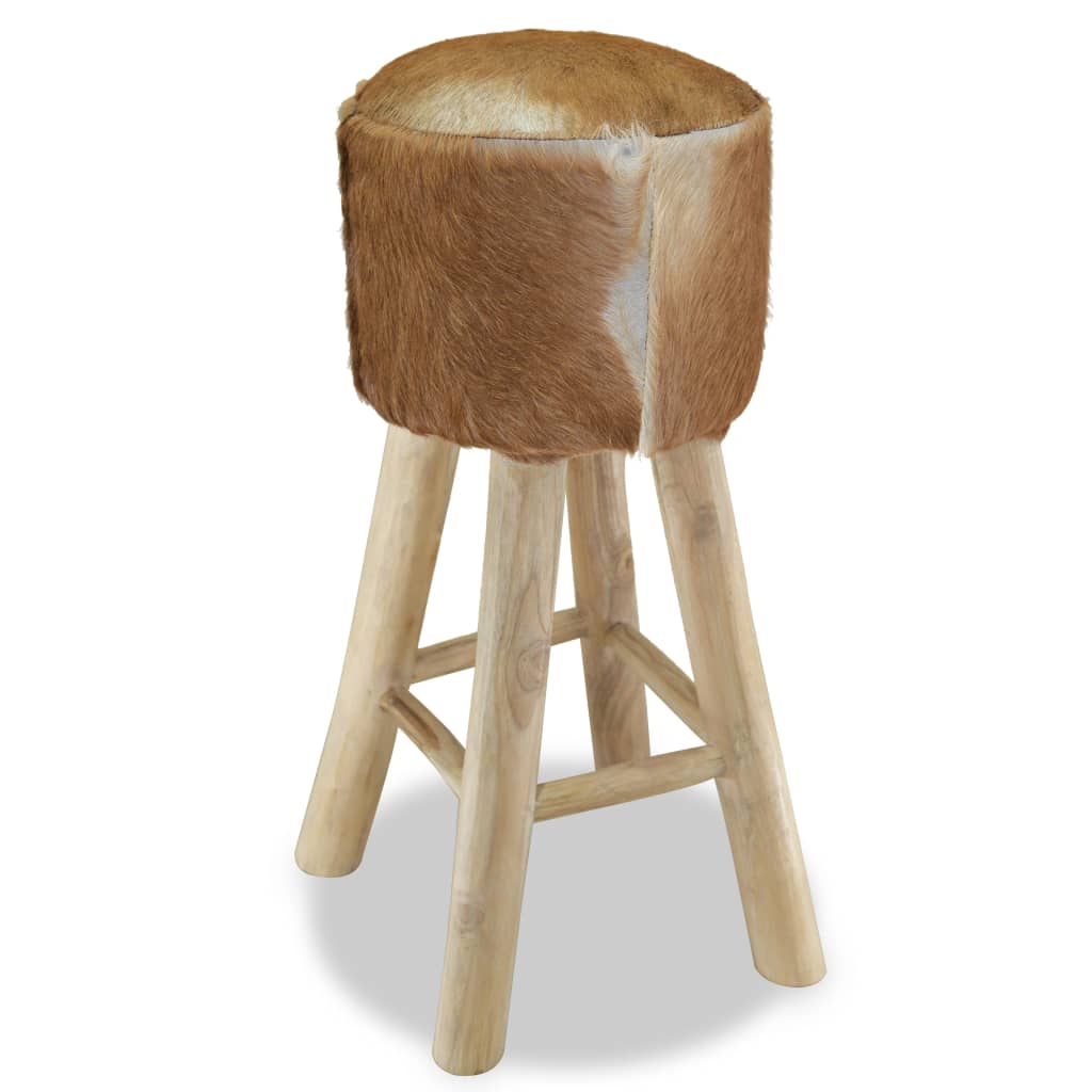 vidaXL Bar Stool Real Leather and Solid Teak Wood-3