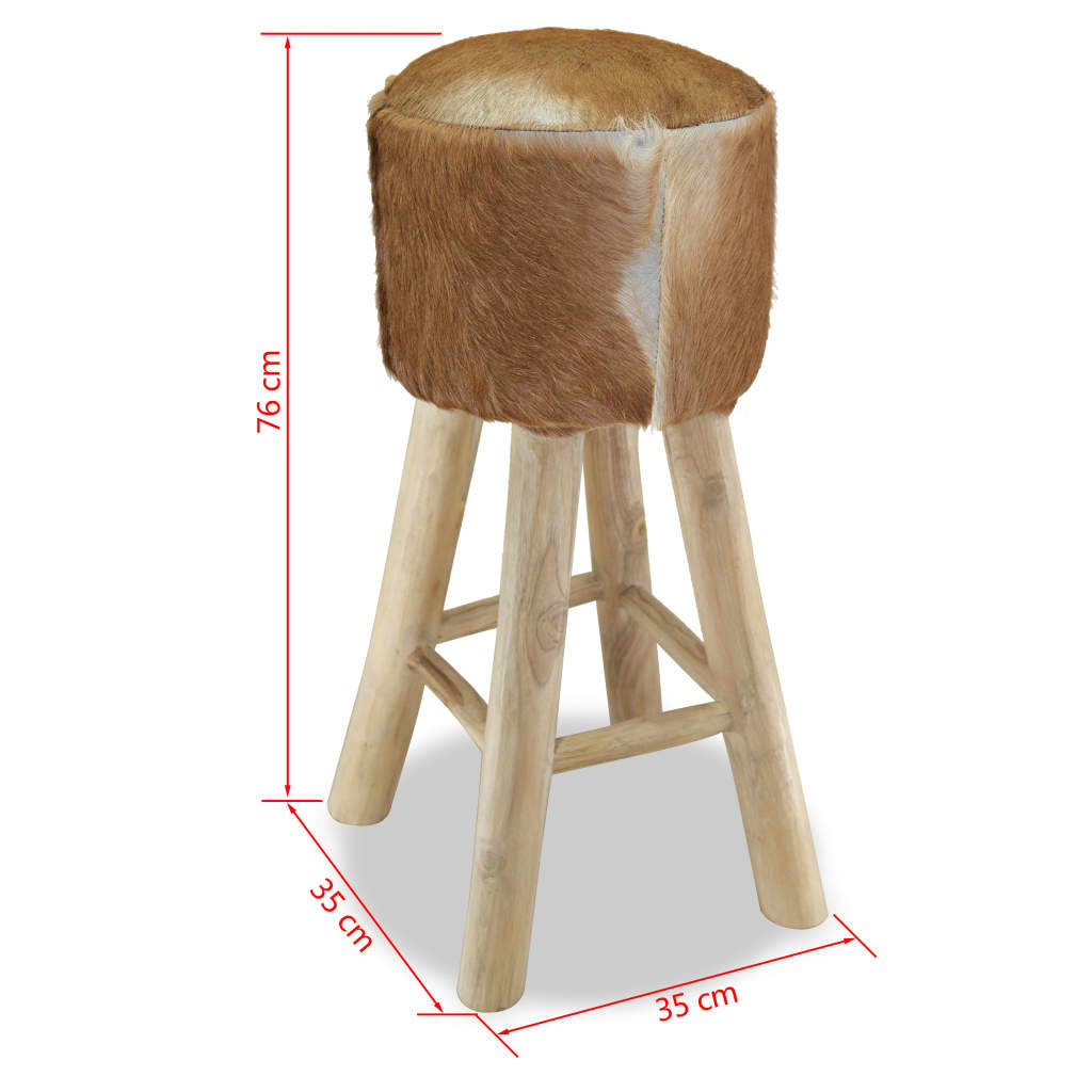 vidaXL Bar Stool Real Leather and Solid Teak Wood-7