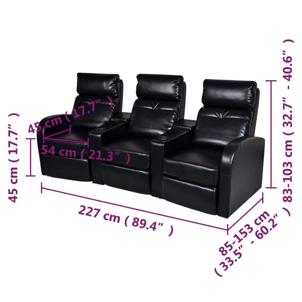 vidaXL 3-Seater Home Theater Recliner Sofa Black Faux Leather-6