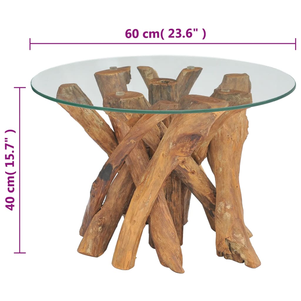 vidaXL Coffee Table Round End Table with Glass Tabletop Solid Teak Driftwood-2