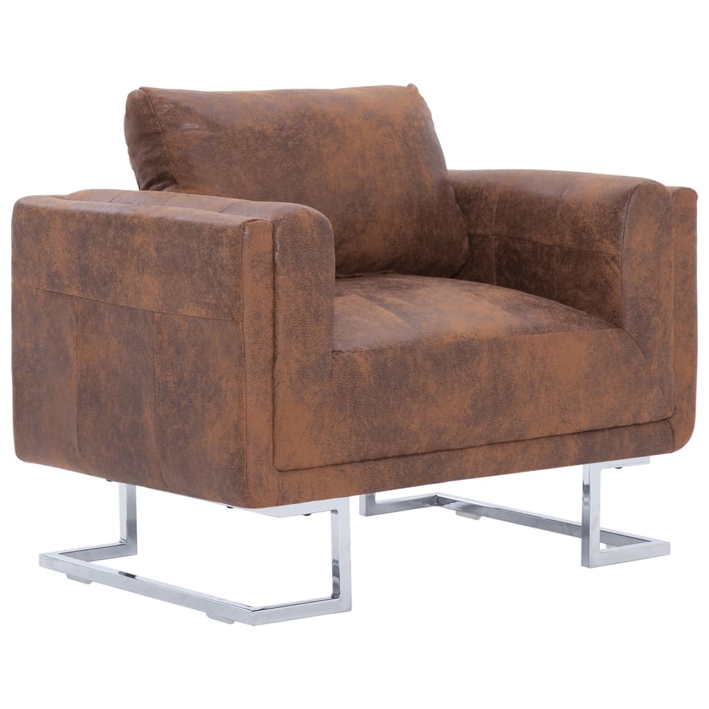 vidaXL Cube Armchair Brown Faux Suede Leather-1