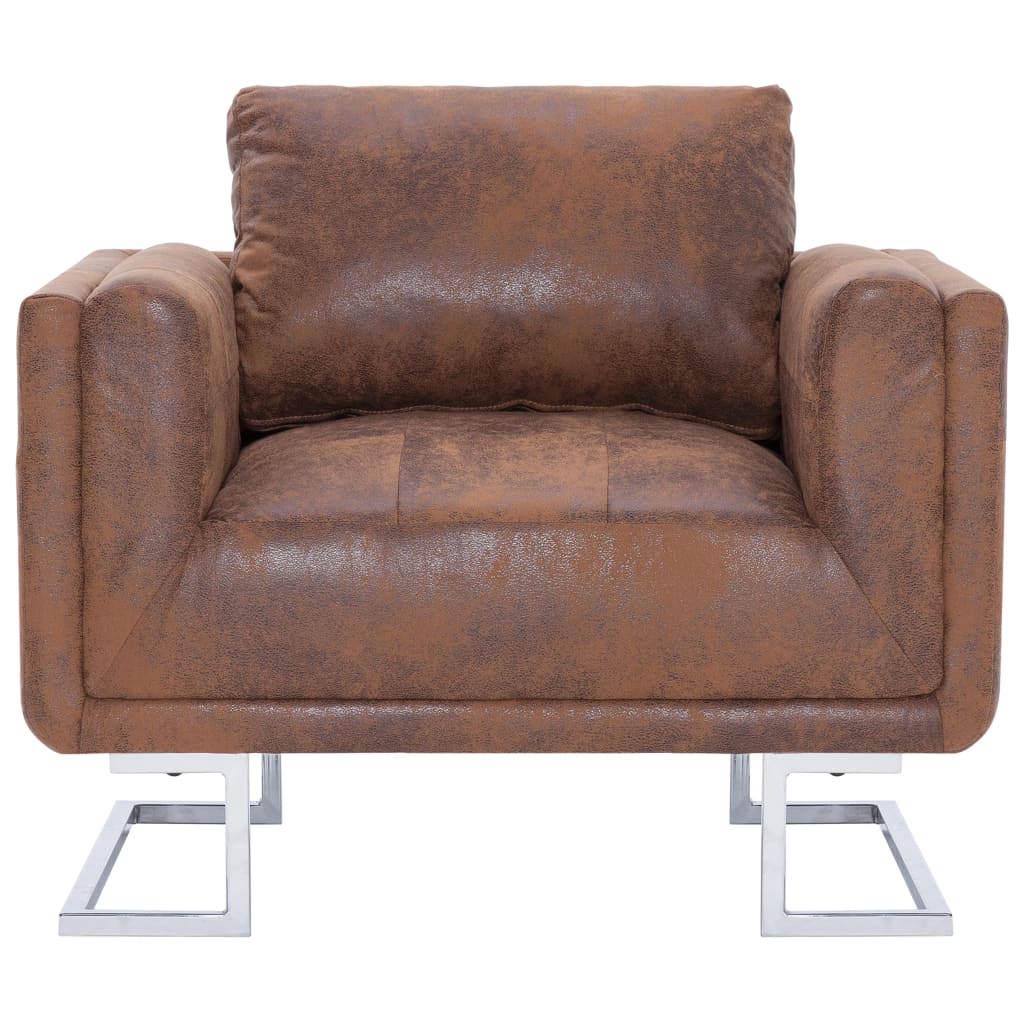 vidaXL Cube Armchair Brown Faux Suede Leather-3