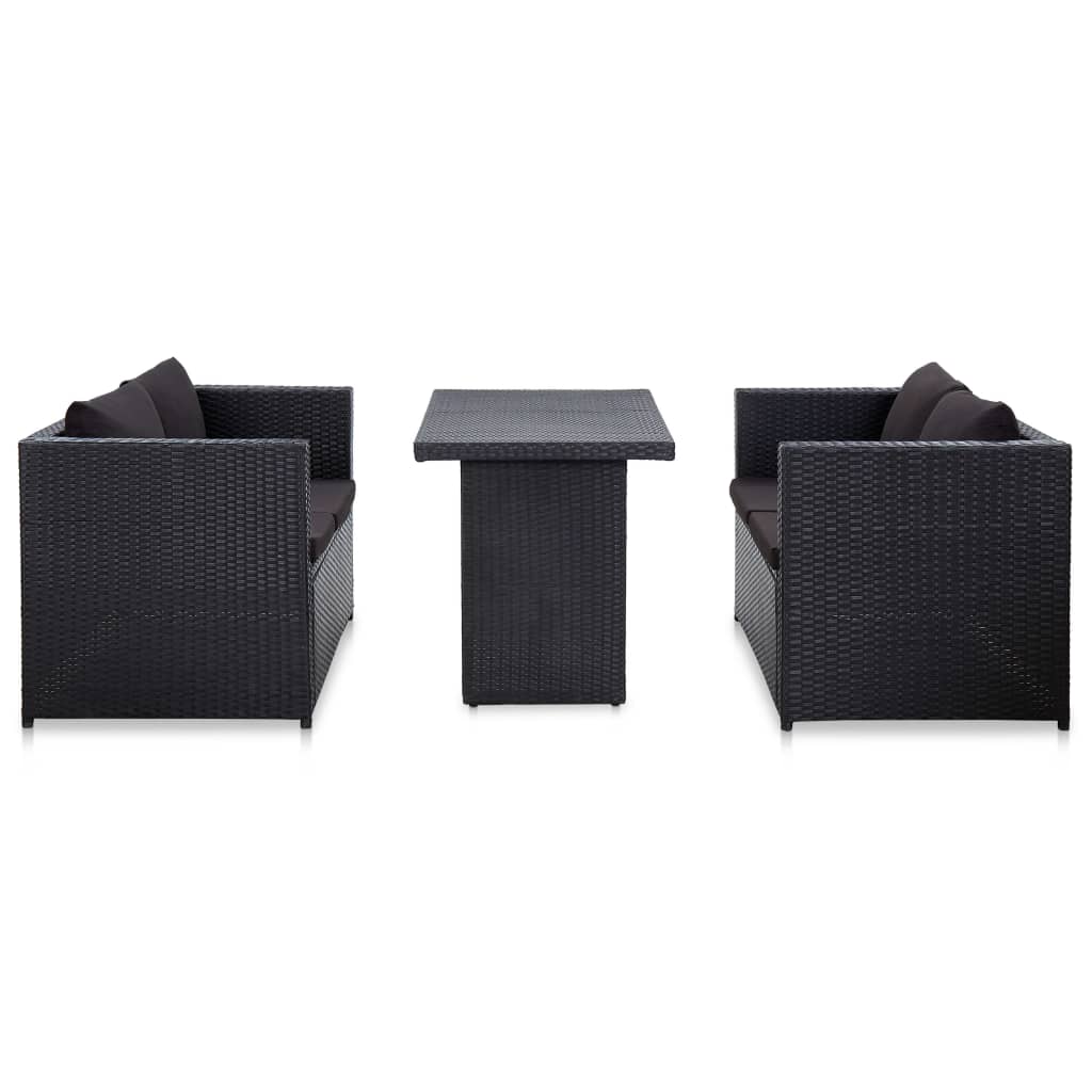 vidaXL 3 Piece Patio Lounge Set with Cushions Poly Rattan Black-0