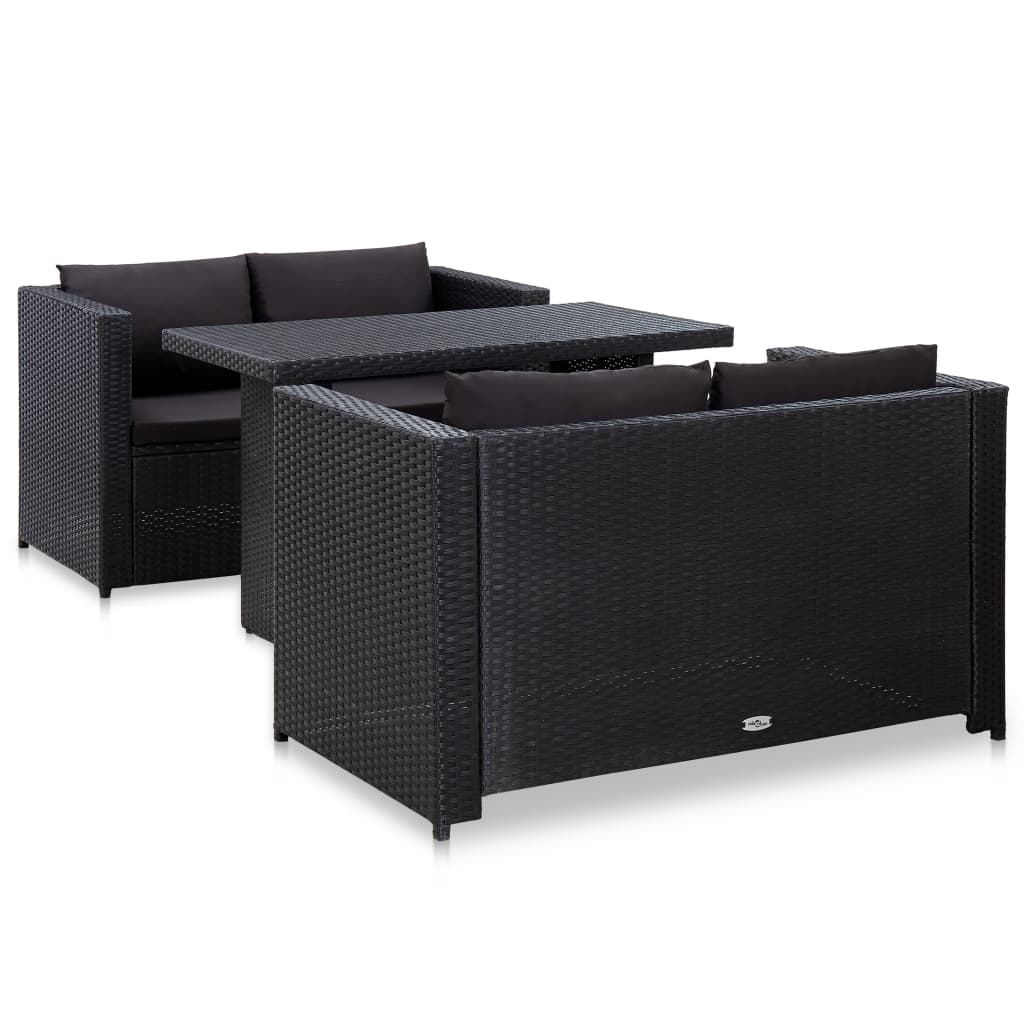 vidaXL 3 Piece Patio Lounge Set with Cushions Poly Rattan Black-2