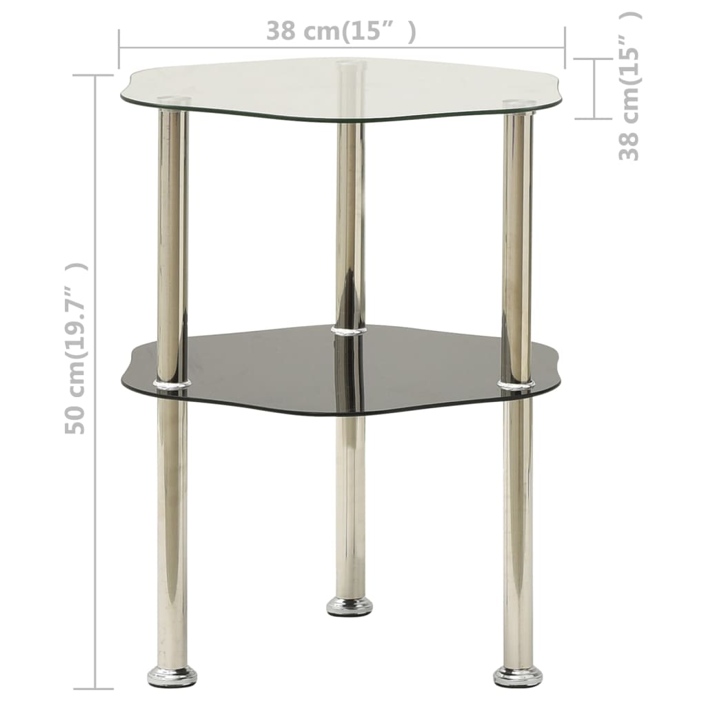 vidaXL 2-Tier Side Table Transparent & Black 15"x15"x19.7" Tempered Glass-3