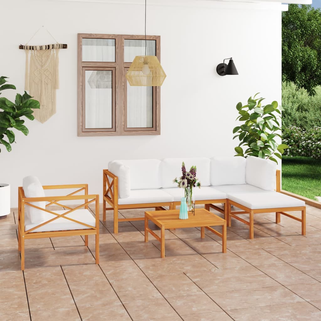 vidaXL 6 Piece Patio Lounge Set with Cream Cushions Solid Teak Wood-0