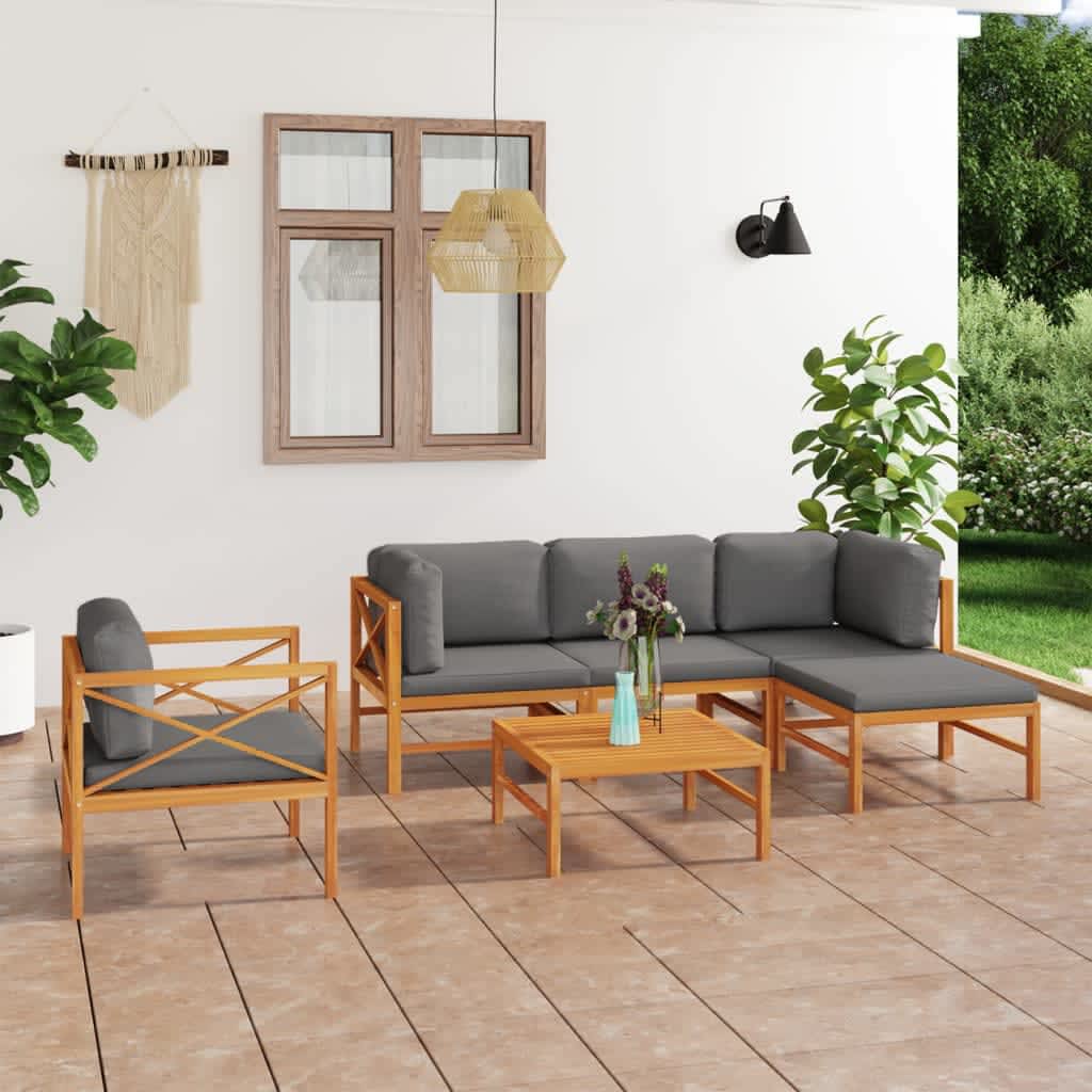 vidaXL 6 Piece Patio Lounge Set with Gray Cushions Solid Teak Wood-0