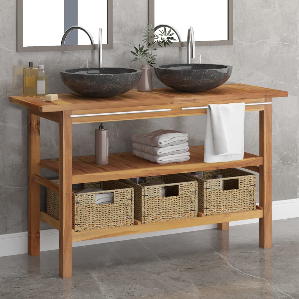 vidaXL Bathroom Vanity Cabinet with Black Marble Sinks Solid Wood Teak-4
