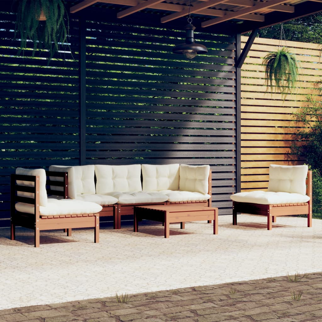 vidaXL 6 Piece Patio Lounge Set with Cream Cushions Solid Pinewood-1