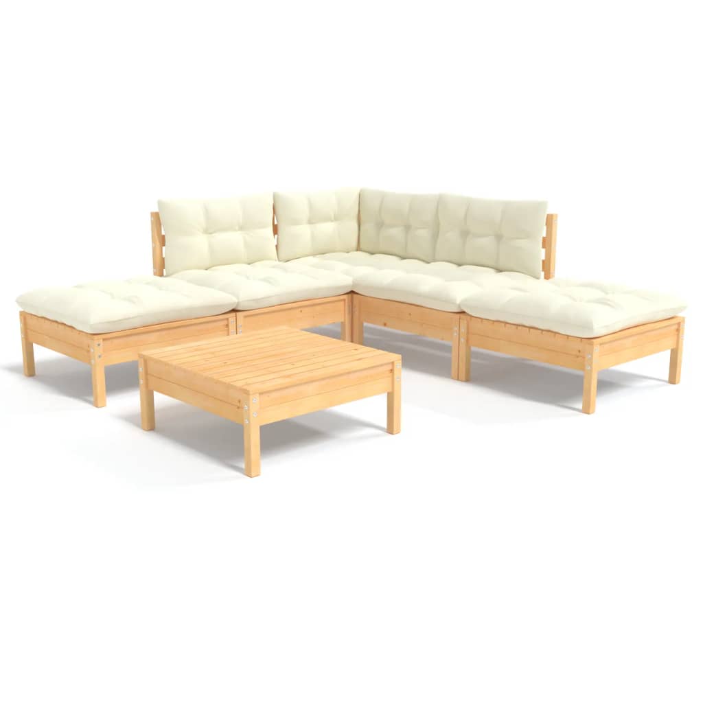 vidaXL 6 Piece Patio Lounge Set with Cream Cushions Pinewood-0