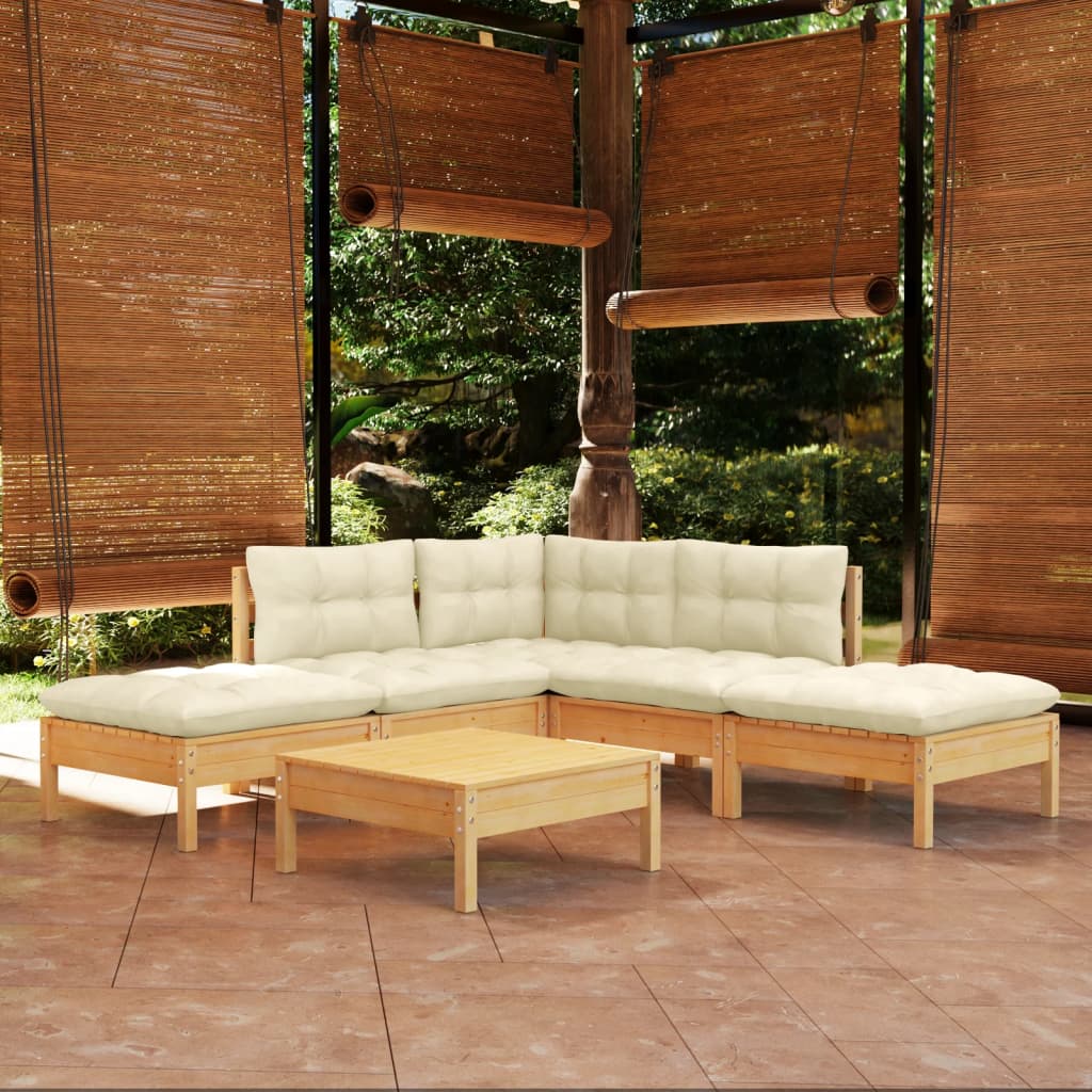 vidaXL 6 Piece Patio Lounge Set with Cream Cushions Pinewood-5