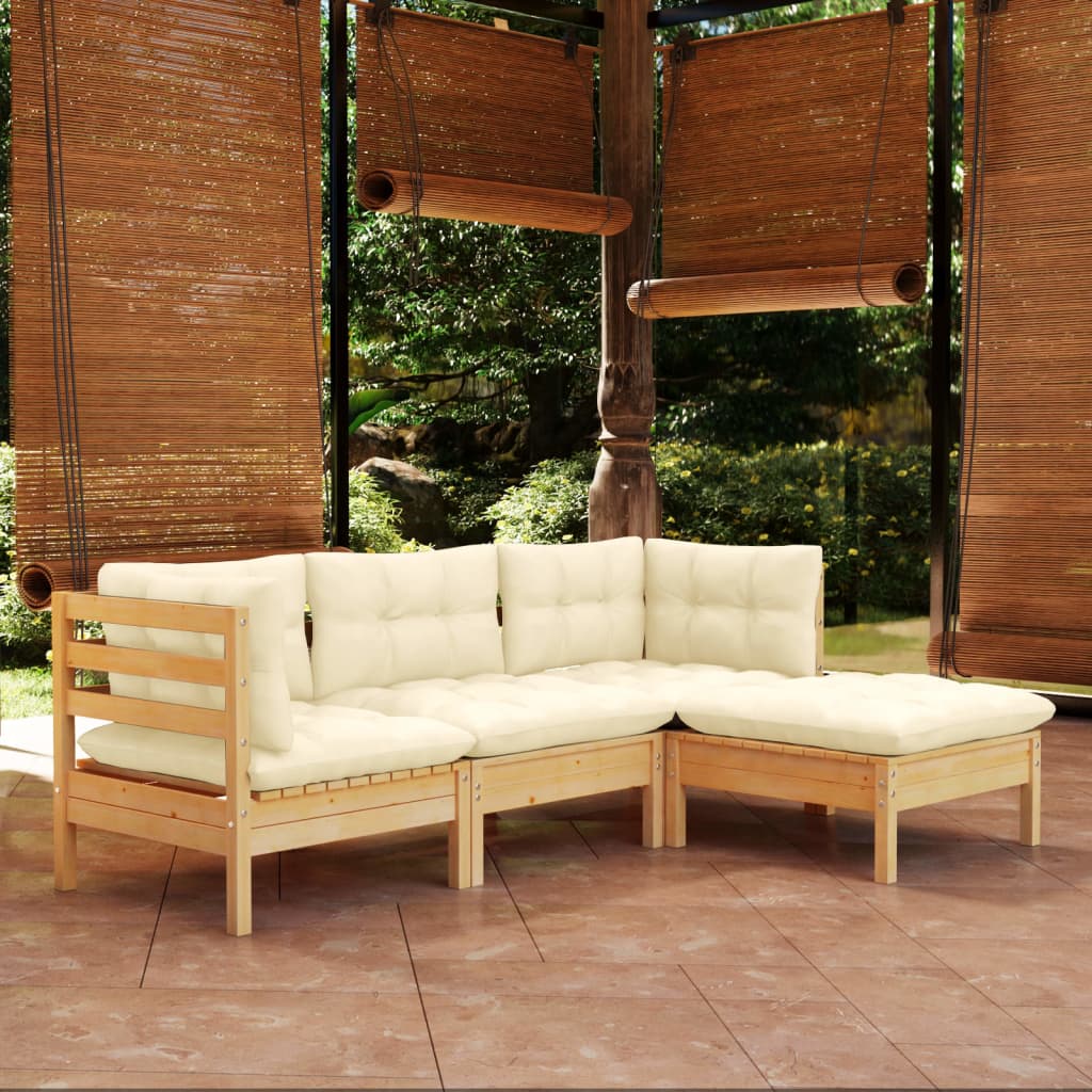 vidaXL 4 Piece Patio Lounge Set with Cream Cushions Pinewood-2