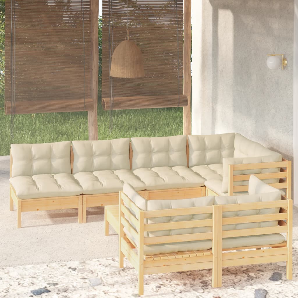 vidaXL 8 Piece Patio Lounge Set with Cream Cushions Solid Pinewood-1