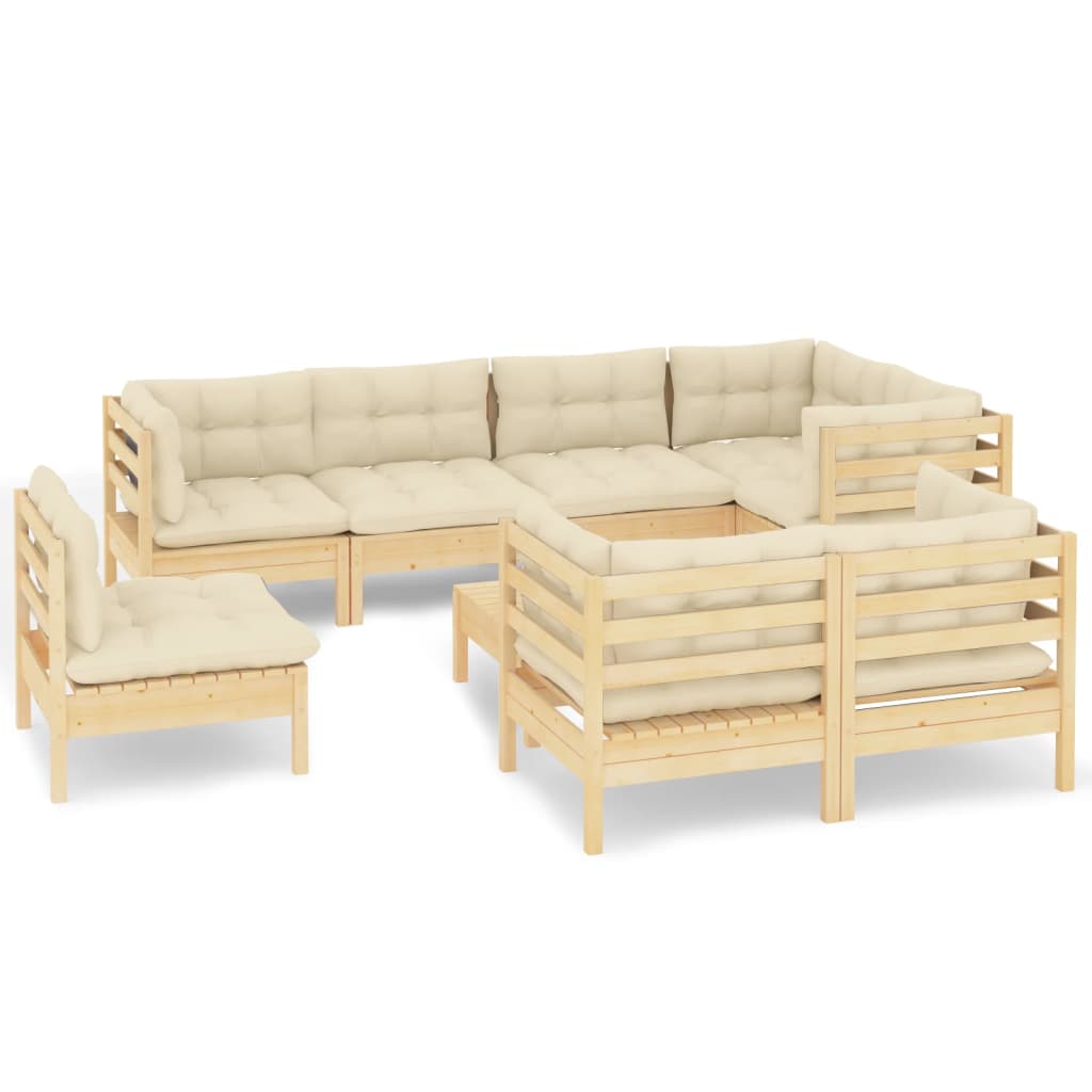 vidaXL 9 Piece Patio Lounge Set with Cream Cushions Solid Pinewood-9