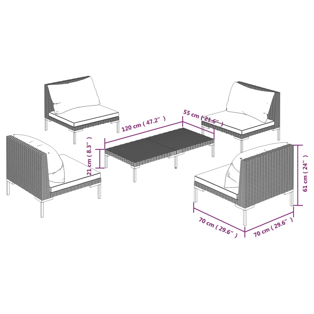 vidaXL 5 Piece Patio Lounge Set with Cushions Poly Rattan Dark Gray-6