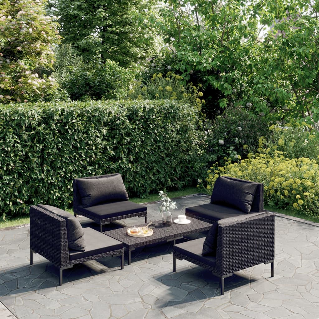 vidaXL 5 Piece Patio Lounge Set with Cushions Poly Rattan Dark Gray-1