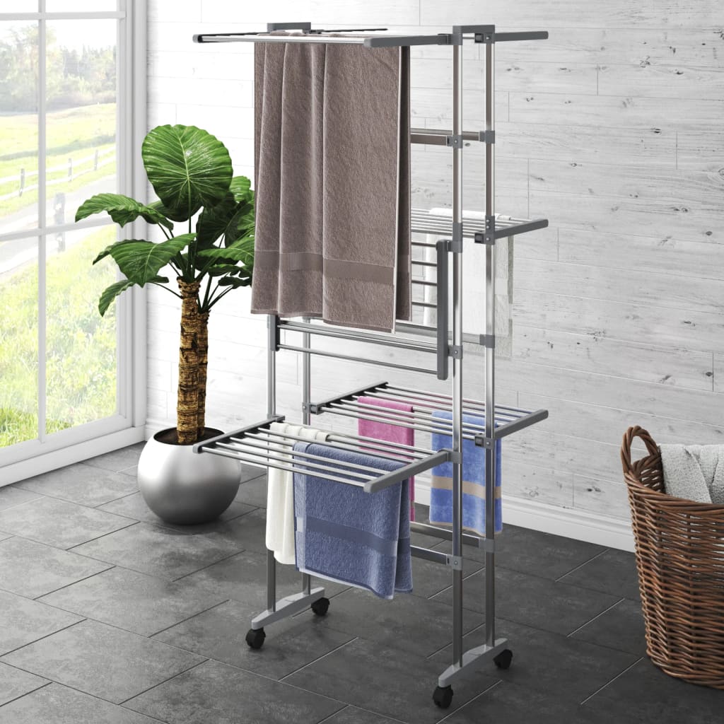 vidaXL Clothes Hanger Foldable Clothes Drying Rack Stand with Wheels Silver-3